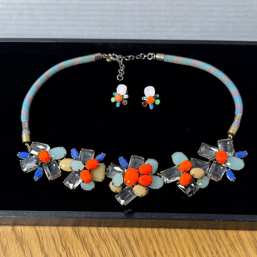 J. Crew Vintage Brulee Colorful Floral Statement Necklace and Earring Set Preppy